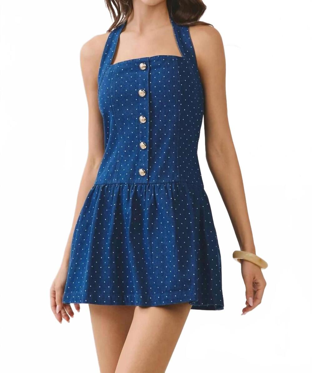 NEW TCEC denim polka dot back smocked halter mini dress in blue